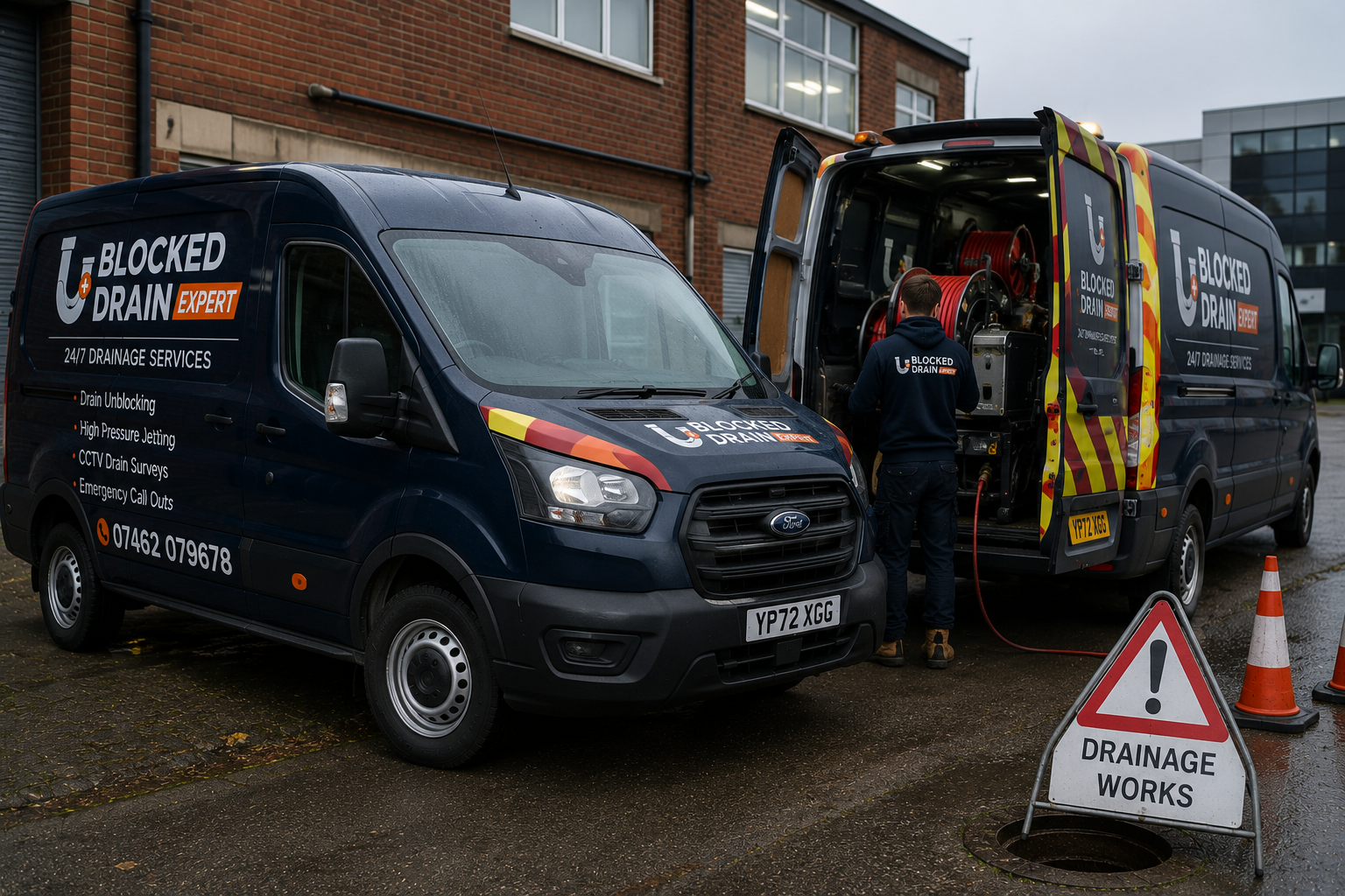 Blocked Drain Expert drainage vans and cleaning equipment on site